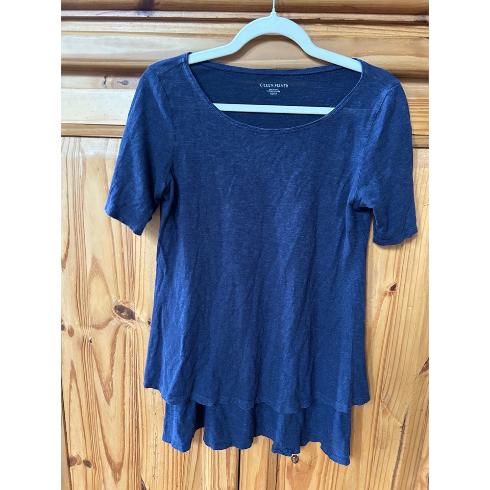 Eileen Fisher Navy Blue Hemp Organic Cotton Scoop Neck Tunic Top XS